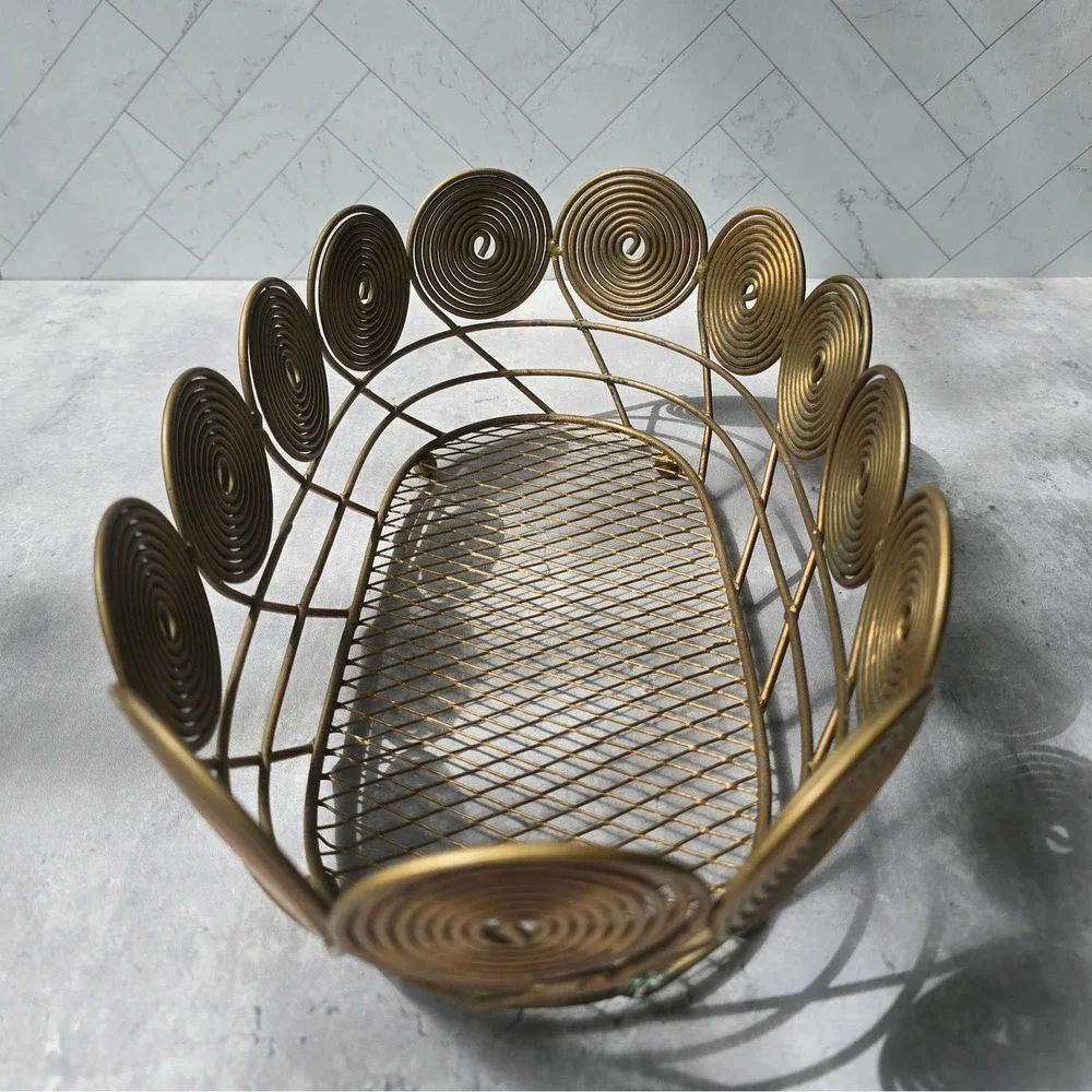 Vintage MCM Atomic Brass Tone Spiral Wire Basket Mid Century Modern Centerpiece
